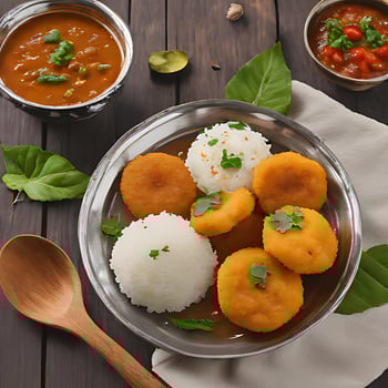 AI generated a bowl of rice, a bowl of curry and a bowl of vegetables photo