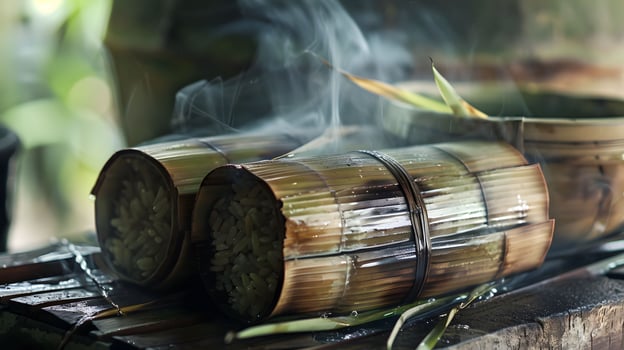 AI generated Sticky rice in bamboo traditional dessert photo
