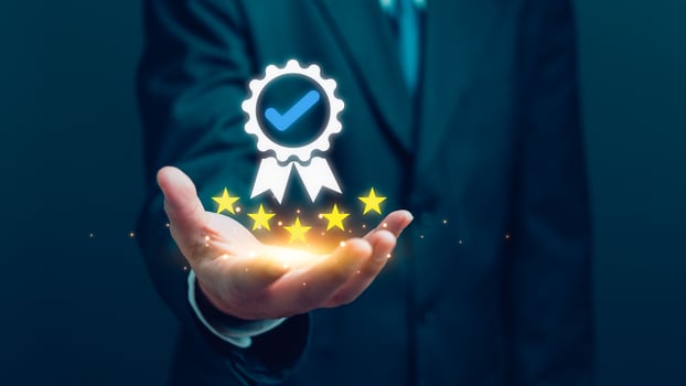 Businessman presents a glowing five-star rating and quality assurance certificate badge, certificate service excellence. Best warranty ISO standard and guarantee review. Business Marketing photo