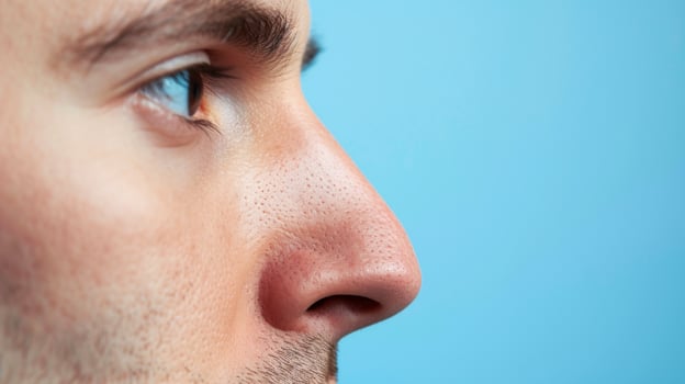 AI generated Portrait of a young man with short brown hair and light facial hair against a blue background photo