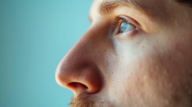 AI generated Young male model with blue eyes and beard looking away on light blue background photo