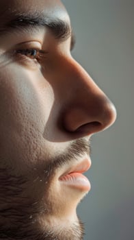 AI generated Serious young man gazing into the distance with sunlight on his face, pondering deeply photo