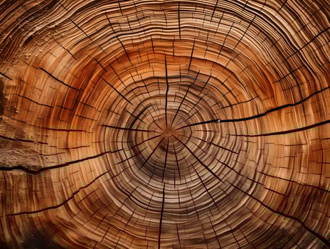 AI generated Old wooden oak tree cut surface. Detailed warm dark brown and orange tones of a felled tree trunk or stump. Rough organic texture of tree rings with close up of end grain. photo