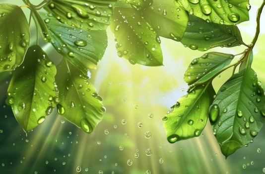 AI generated Sunlight filters through green leaves dotted with water droplets, casting rays of light in a tranquil forest scene photo