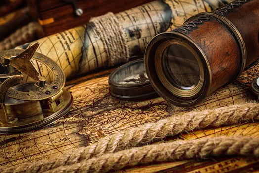 Old vintage compass on ancient map photo