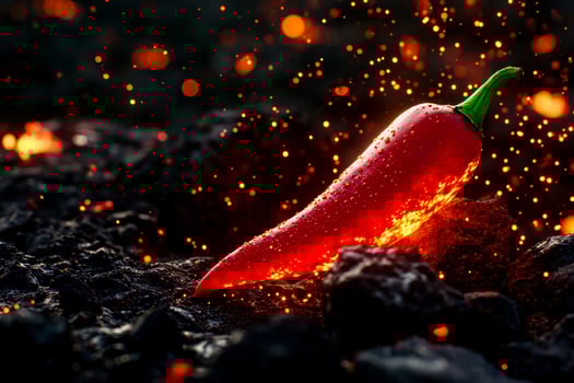 AI Generated A red chili pepper glowing with heat on dark volcanic rocks, surrounded by embers and sparks. photo