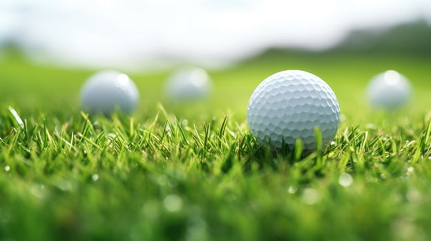 AI generated A close-up of a golf ball nestled on the lush grass field, capturing the elegance and focus of the sport. Ai Generated. photo