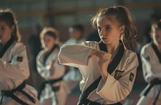 AI generated A young girl practices Karate or Taekwondo martial arts. Generative Ai. photo