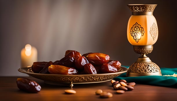 AI generated Ramadan lamp and dates still life photo