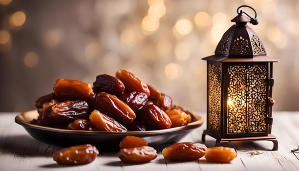 AI generated Ramadan lamp and dates still life photo