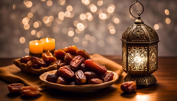 AI generated Ramadan lamp and dates still life photo