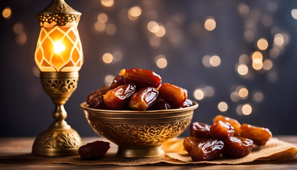 AI generated Ramadan lamp and dates still life photo
