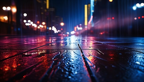AI generated Dark street, reflection of neon light on wet asphalt. Rays of light and red laser light in the dark. Night view of the street, abtract colorful futuristic night city background. photo