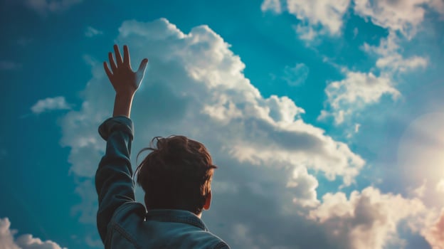 AI generated Man's hand reaching up on blue sky with white clouds background photo