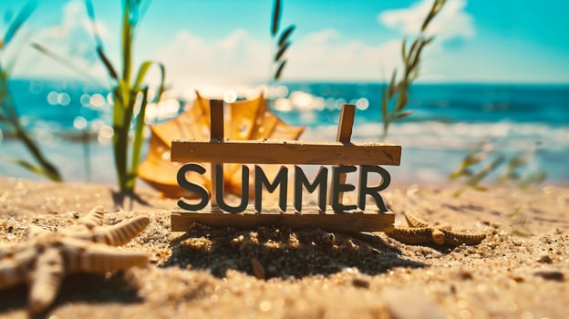 AI generated Wooden word SUMMER on sandy beach with seashore background photo
