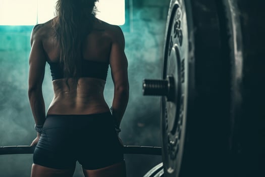 AI generated woman on her back in powerlifting training. generative ai photo