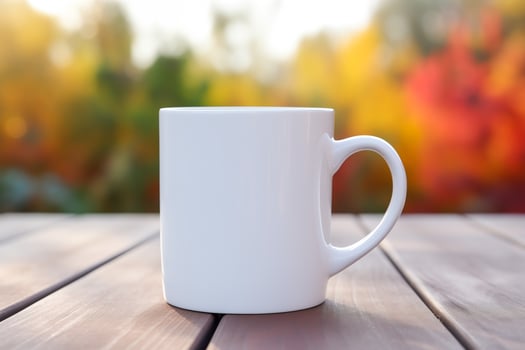 AI generated Blank white coffee mug on table. Mockup mug template. Closeup, copy space. photo