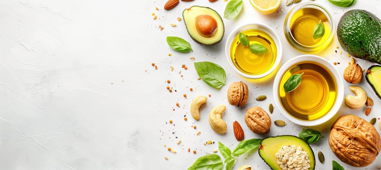 AI generated Assorted healthy fats  avocado, nuts, seeds, olive oil on wood background, space for text or design. photo