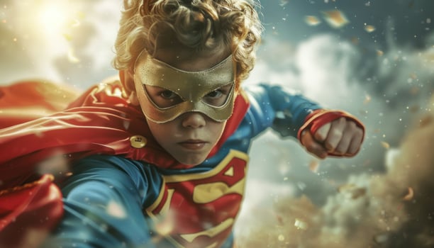 AI generated Young superhero boy imagining flight photo
