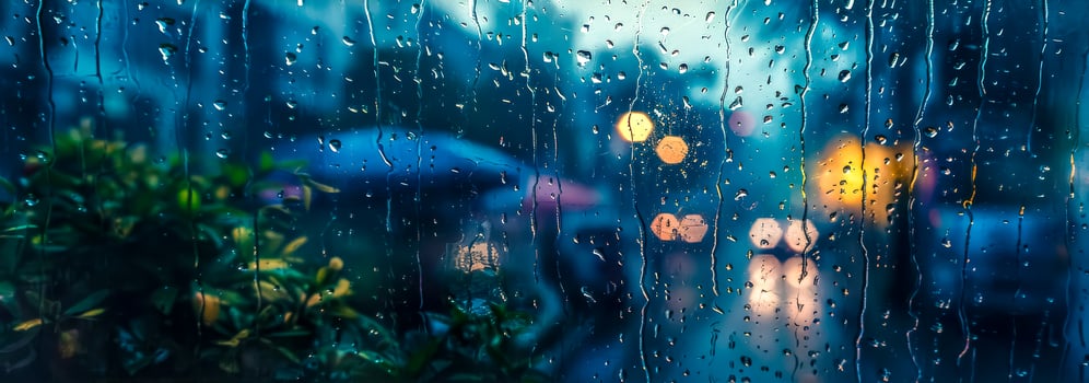 AI Generated Rainy window with blurred city lights photo