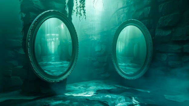 AI Generated Mysterious mirrors in foggy forest scene photo