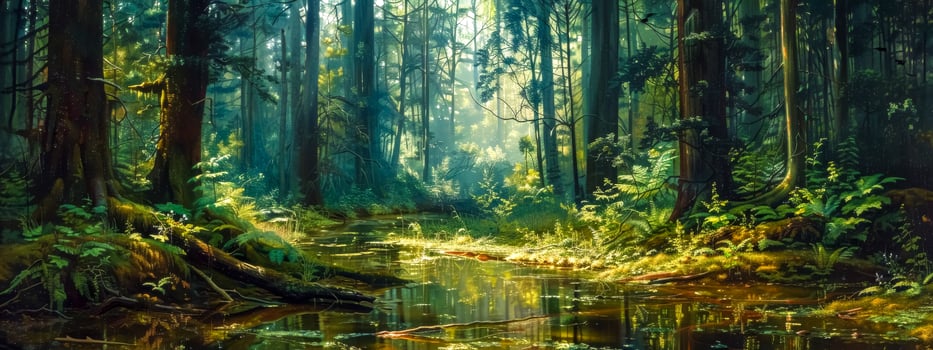 AI Generated Enchanted forest stream at sunrise photo
