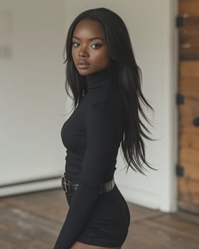 AI generated Black woman elegantly posing for a photo in a stylish black dress