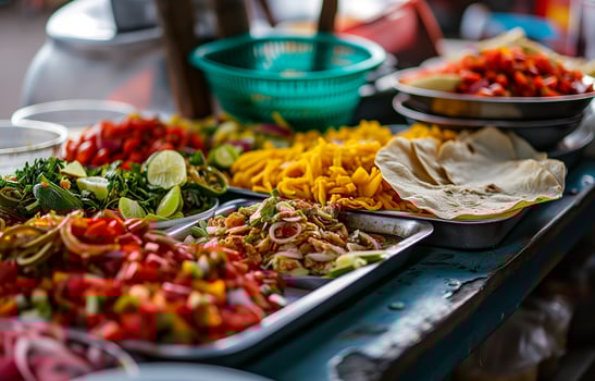 A tray with Mexican street food on Mexico Street. National cuisine, close-up, bokeh in the background. photo
