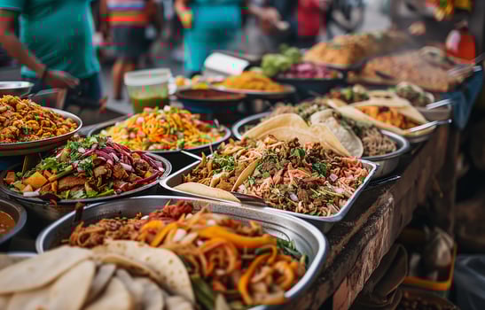 A tray with Mexican street food on Mexico Street. National cuisine, close-up, bokeh in the background. photo
