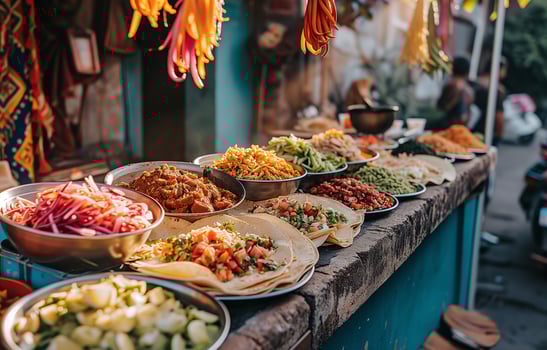 A tray with Mexican street food on Mexico Street. National cuisine, close-up, bokeh in the background. photo