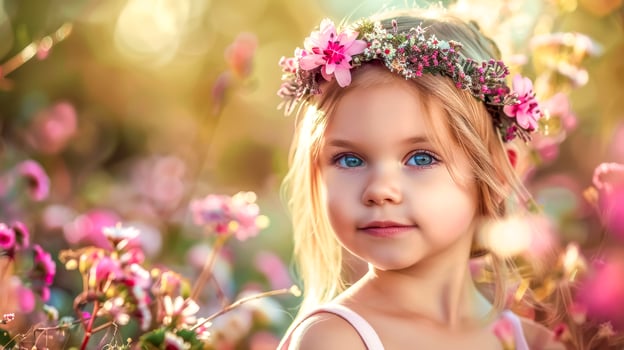 AI Generated Enchanted child in floral wonderland photo