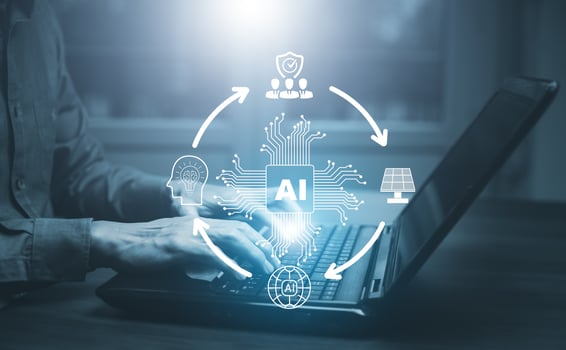 Programmer people working laptops or smartphones with AI, artificial intelligence software engineer coding on laptop computers with technology icons and binary code, big data, Ai bot digital machine photo