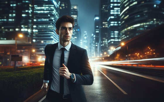 AI generated Businessman running at speed Blurred modern city background photo
