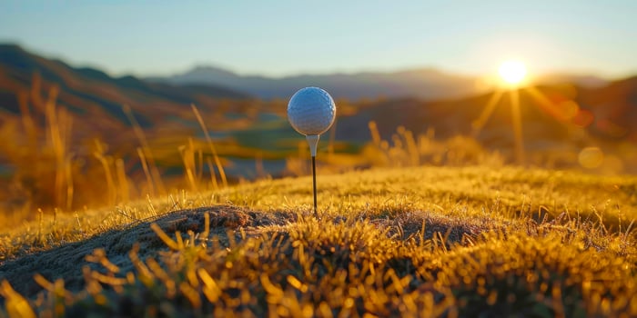 AI generated A golf ball poised on a tee, backlit by the radiant golden hour sun against a soft-focus mountain landscape photo