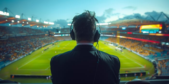 AI generated A person is standing in front of a large, excited crowd at a soccer game, likely a sports commentator or presenter. photo