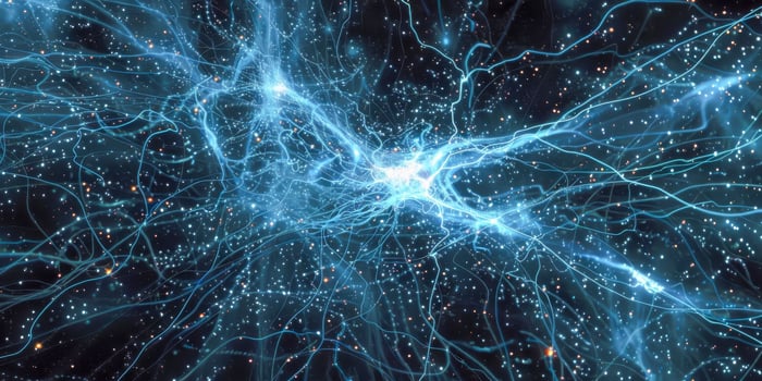 AI generated The photo captures an intricate network of intense glowing blue electric lights illuminating the night sky, creating a spectacular display