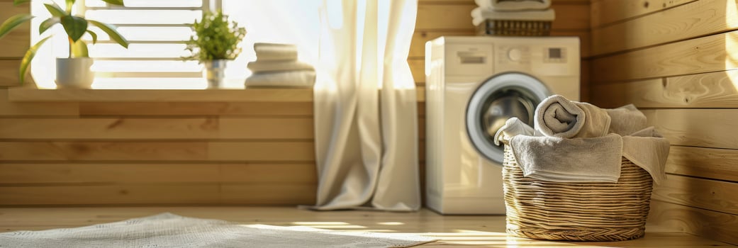 AI generated A stack of towels is neatly arranged on top of a wicker basket placed next to a washing machine in a cozy laundry room setting photo