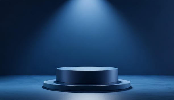AI generated dark blue stage podium mockup with light from above for product showcase photo