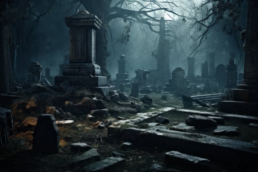 AI generated Forgotten cemetery with crumbling tombstones. Generative AI photo