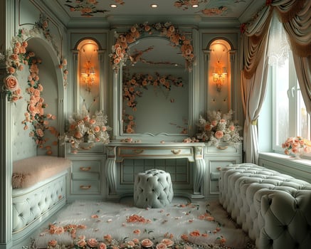 AI Generated Glamorous dressing room with a vintage vanity and soft photo