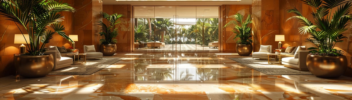 AI Generated Lavish hotel lobby with marble floors lush plants photo