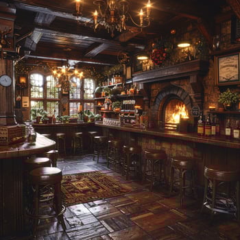 AI Generated Old English pub with dark wood cozy fireplaces photo
