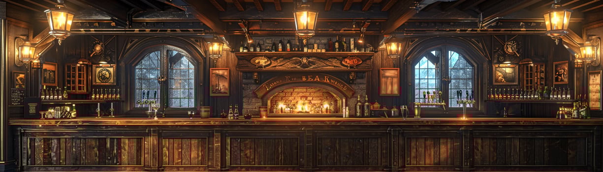 AI Generated Old English pub with dark wood cozy fireplaces photo
