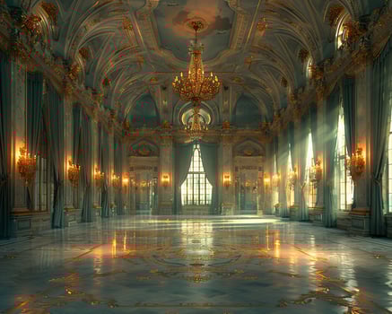 AI Generated Regal ballroom with ornate details high ceilings photo
