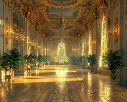 AI Generated Regal ballroom with ornate details high ceilings photo