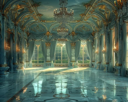 AI Generated Regal ballroom with ornate details high ceilings photo
