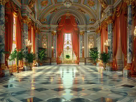 AI Generated Regal ballroom with ornate details high ceilings photo