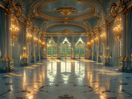 AI Generated Regal ballroom with ornate details high ceilings photo