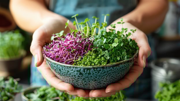 AI generated Woman holding bowl with microgreens in her hands, closeup photo