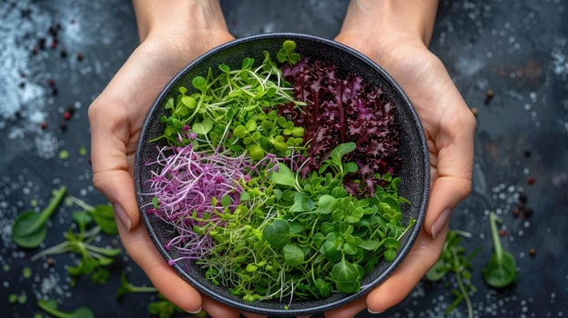 AI generated Woman holding bowl with microgreens in her hands, closeup photo